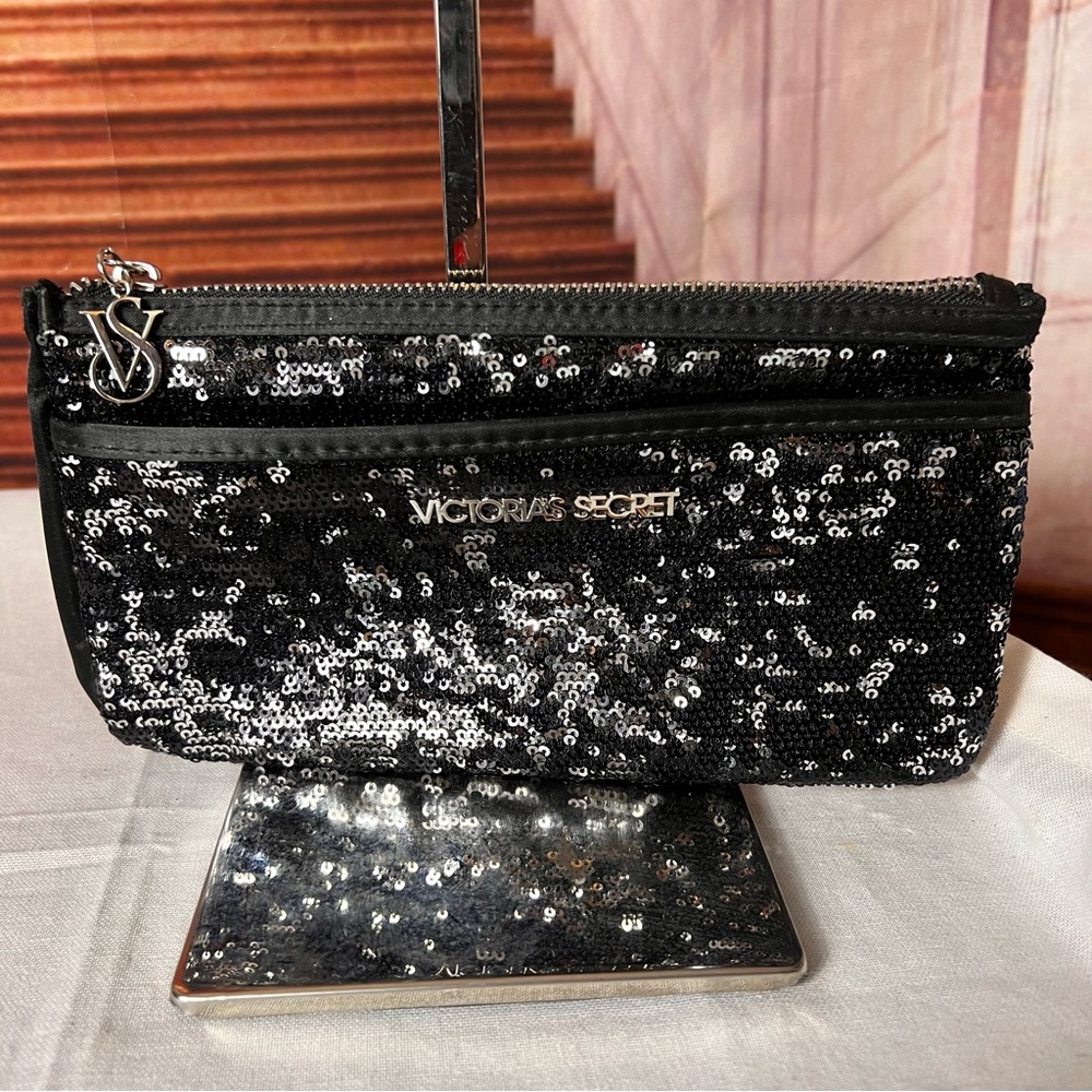 Victoria's Secret Black SatinSequin Clutch Logo Charm Zipper Pull! Dual Zips